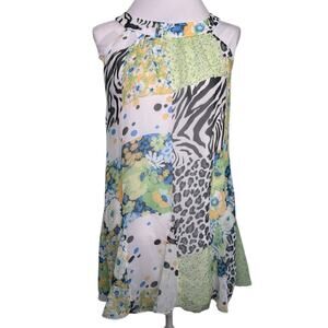 HYPE Halter Fit Flare White Green Zebra Floral Dots Yelow Floral Dress Sz 16